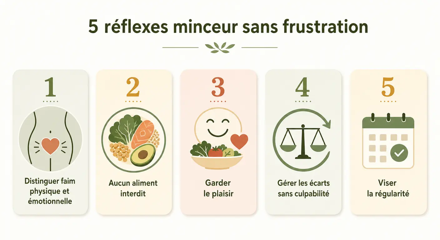 Infographie des cinq réflexes d'un menu minceur sans frustration.
