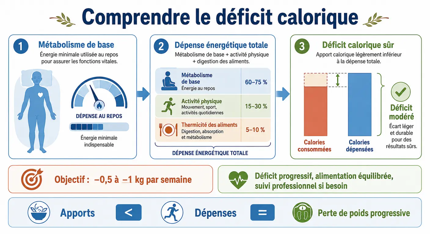 Infographie du déficit calorique sûr pour un menu minceur hebdomadaire.