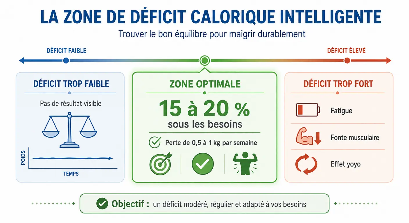 Infographie de la zone de déficit calorique intelligente pour maigrir sans effet yoyo.