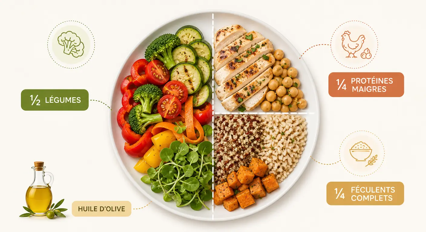 Infographie de l'assiette équilibrée d'un menu pour maigrir.