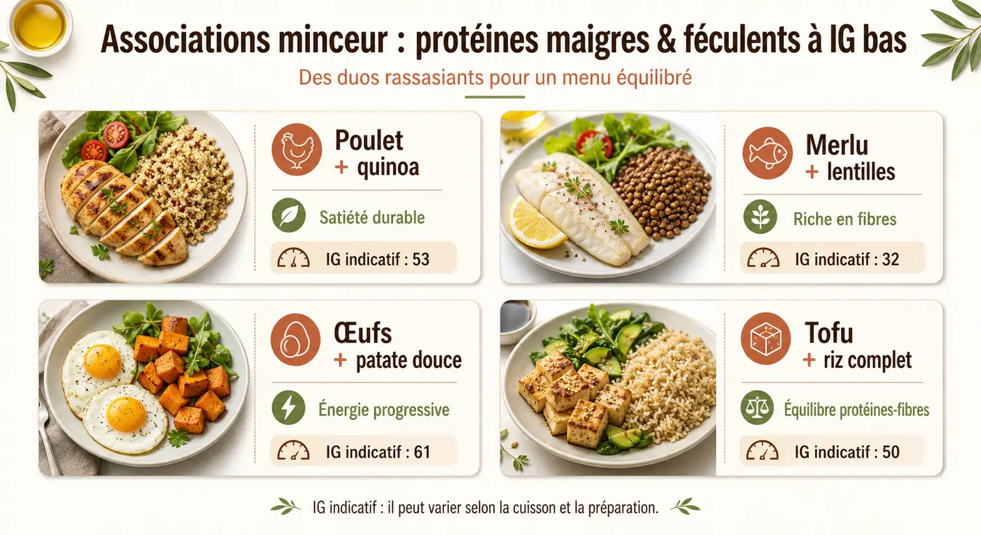 Infographie des meilleures associations protéines maigres et féculents IG bas pour maigrir.