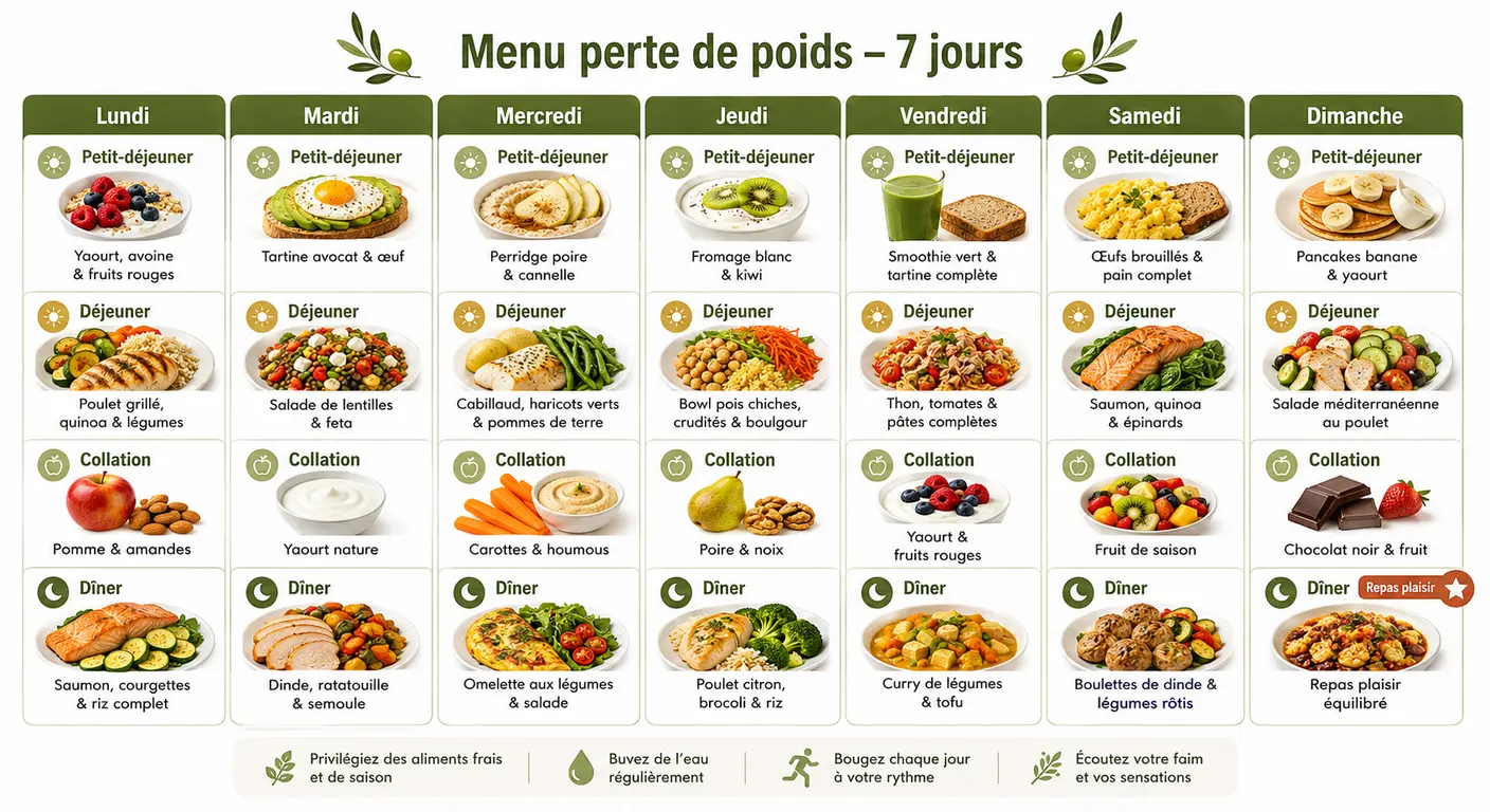 Infographie calendrier d'un menu perte de poids sur une semaine.