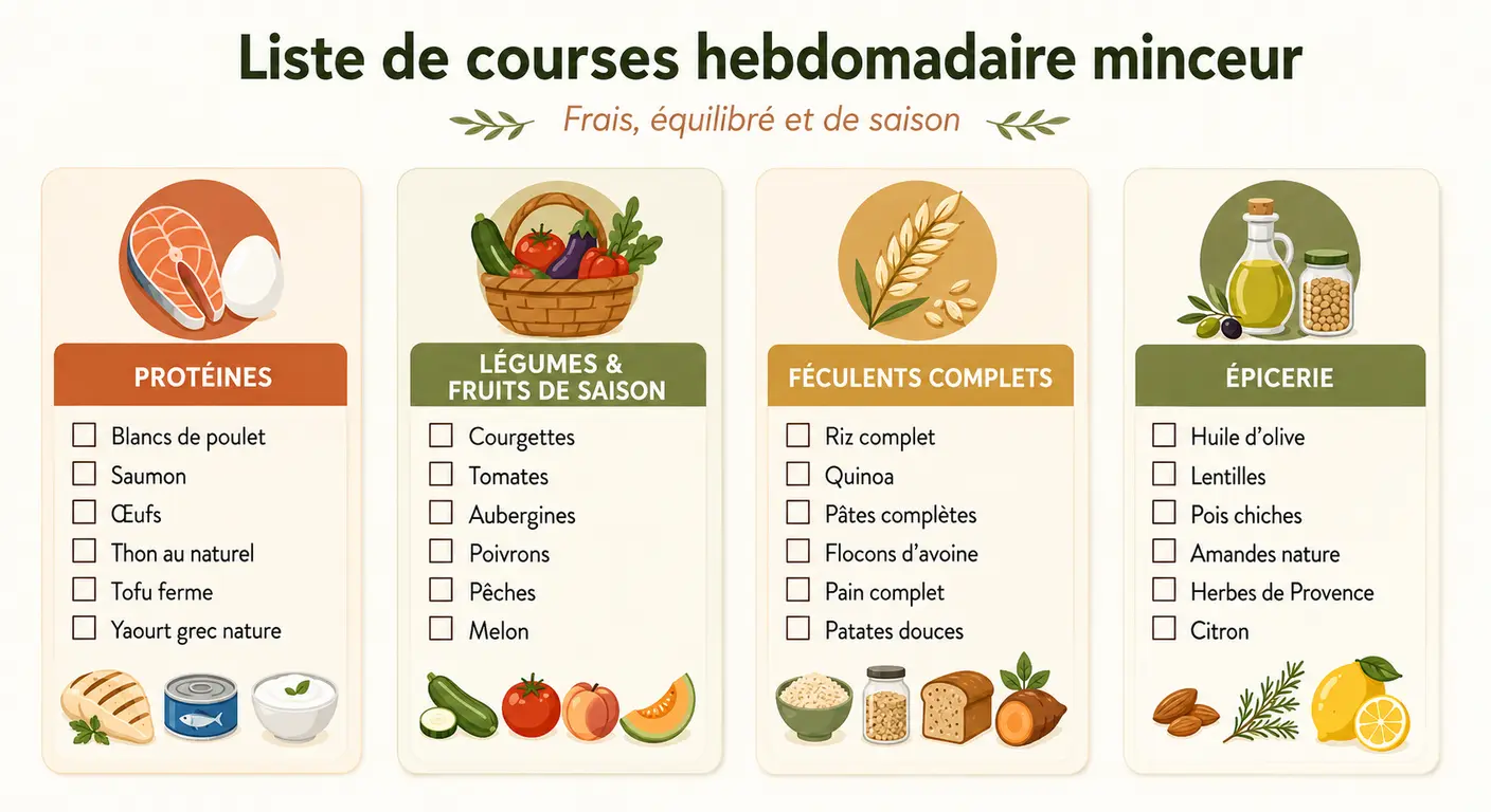 Infographie de la liste de courses d'un menu minceur de la semaine.
