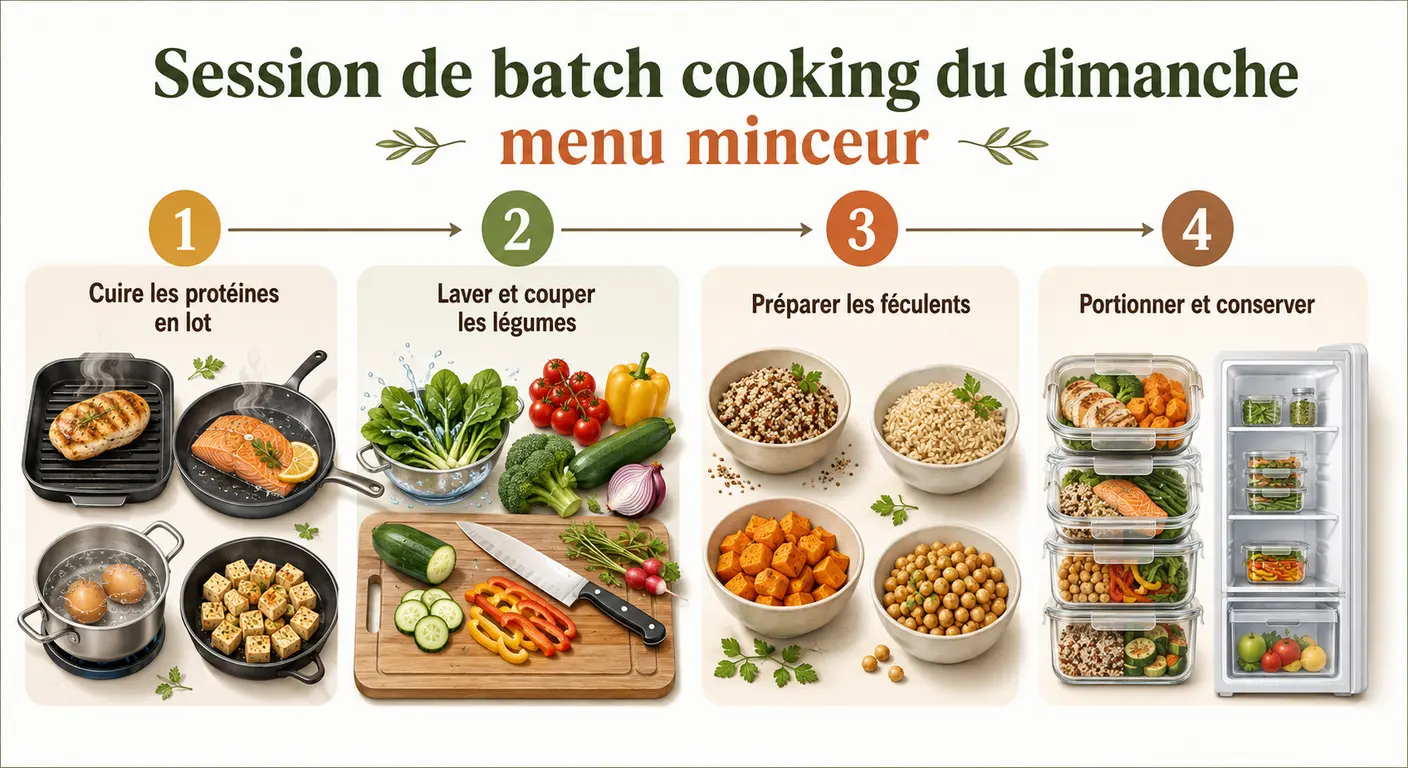 Infographie des étapes de batch cooking pour un menu minceur hebdomadaire.