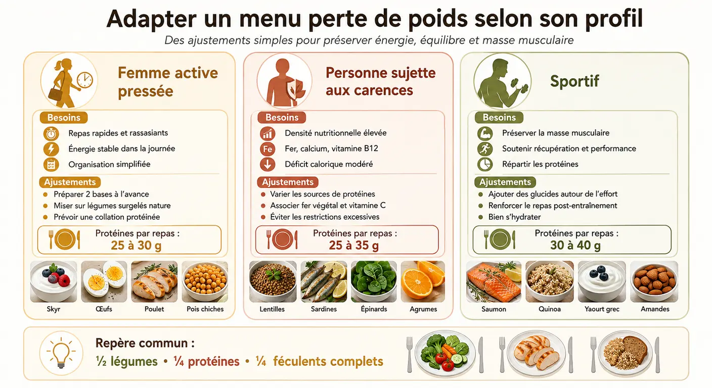 Infographie comparant l'adaptation d'un menu perte de poids selon trois profils.