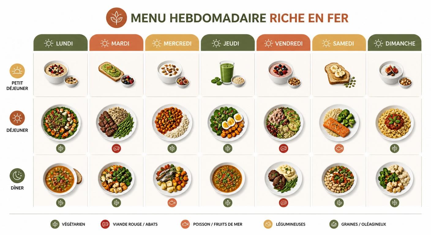 Planning de menu riche en fer sur sept jours