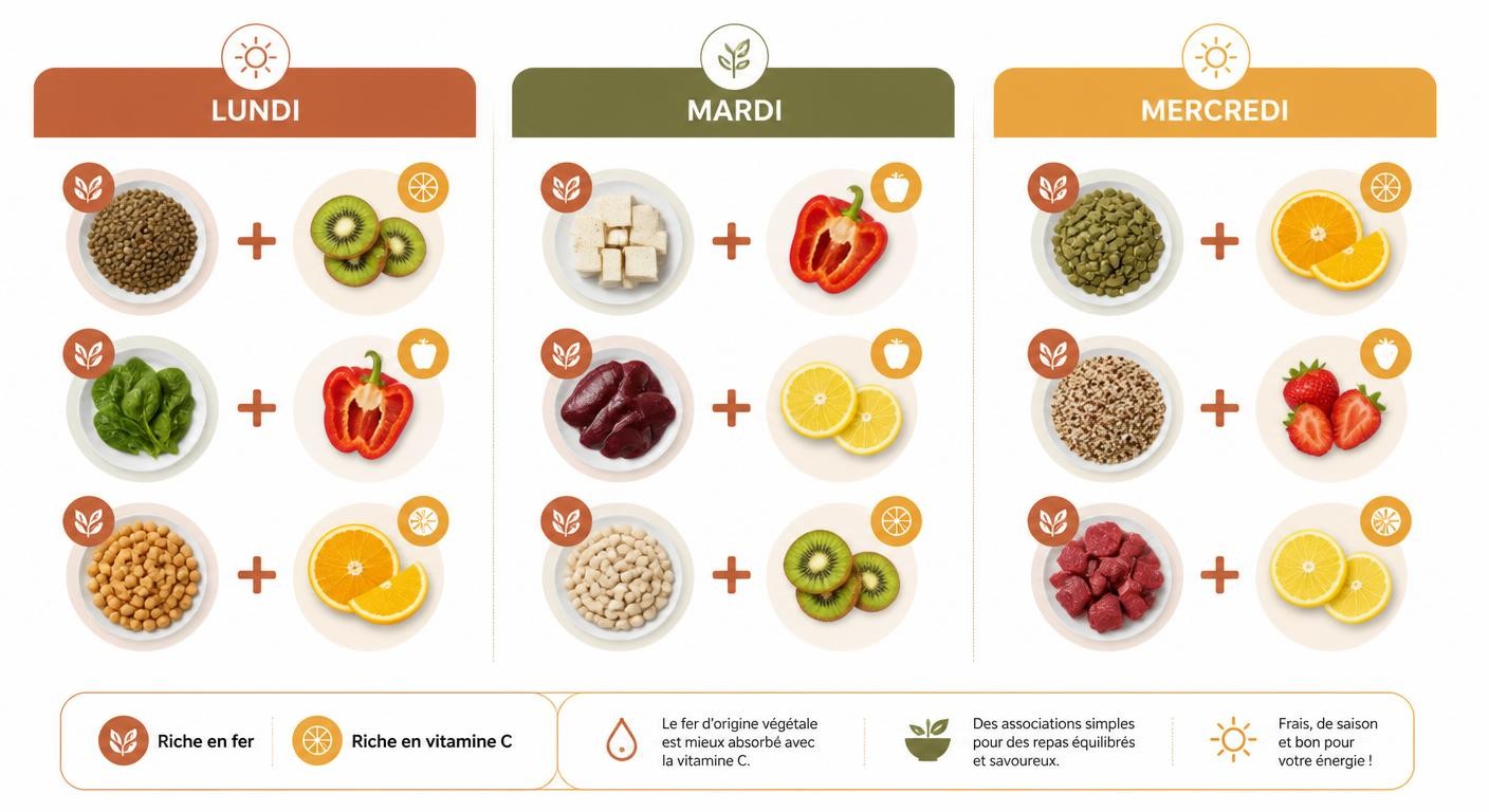 Associations vitamine C et sources de fer du lundi au mercredi