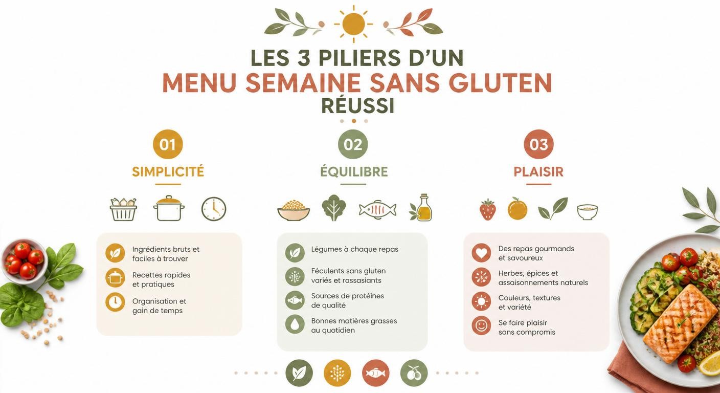 Infographie des trois piliers d'un menu semaine sans gluten : simplicité, équilibre, plaisir