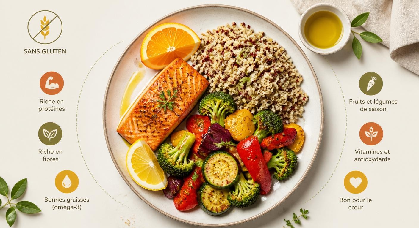Assiette équilibrée sans gluten composée de poisson, quinoa et légumes rôtis