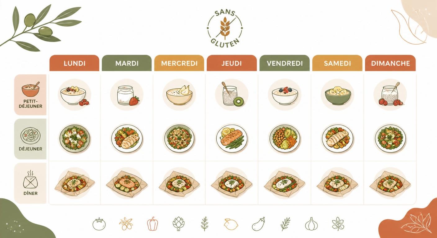 Calendrier d'un menu semaine sans gluten du lundi au dimanche