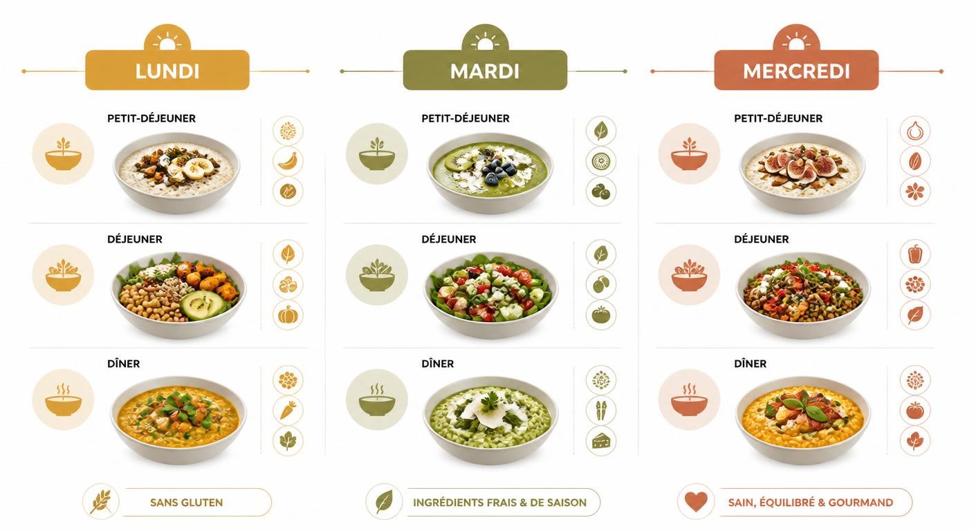 Repas sans gluten du lundi au mercredi : porridge, bowl quinoa, dahl et risotto
