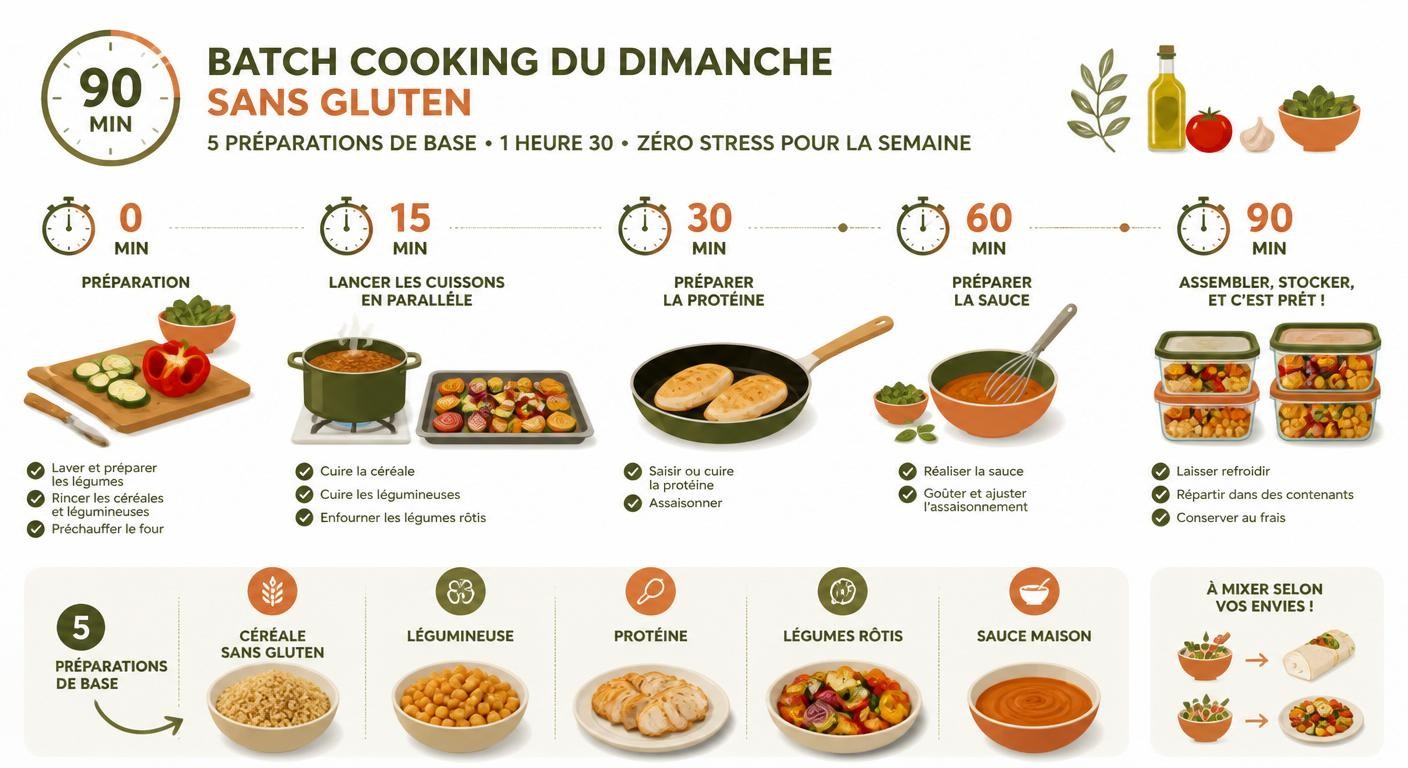 Plan batch cooking de 90 minutes pour un menu semaine sans gluten
