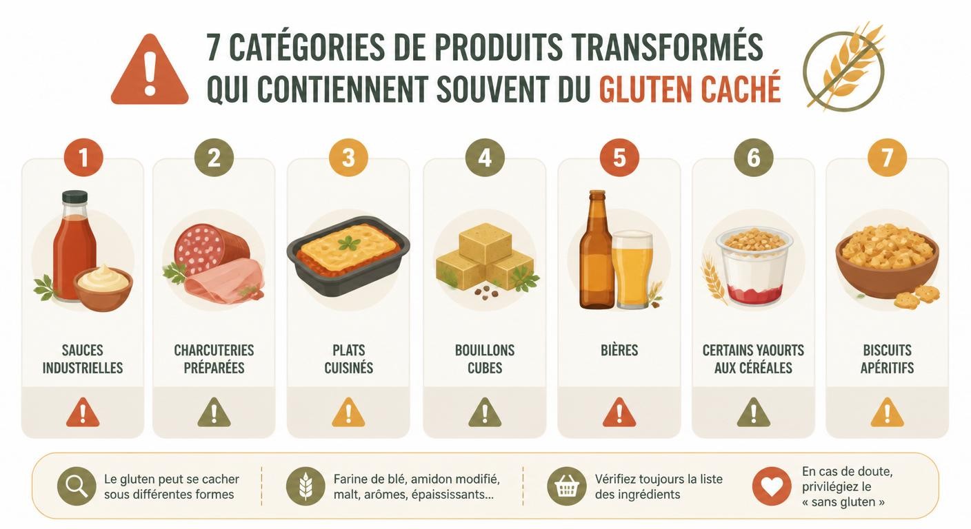 Infographie des sept catégories de produits transformés contenant du gluten caché