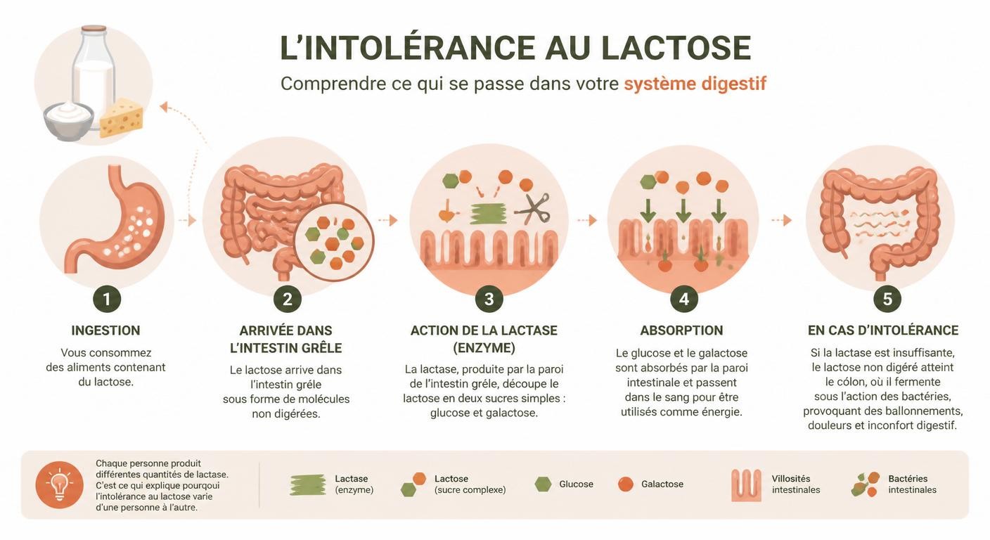 Infographie expliquant le mécanisme de l'intolérance au lactose