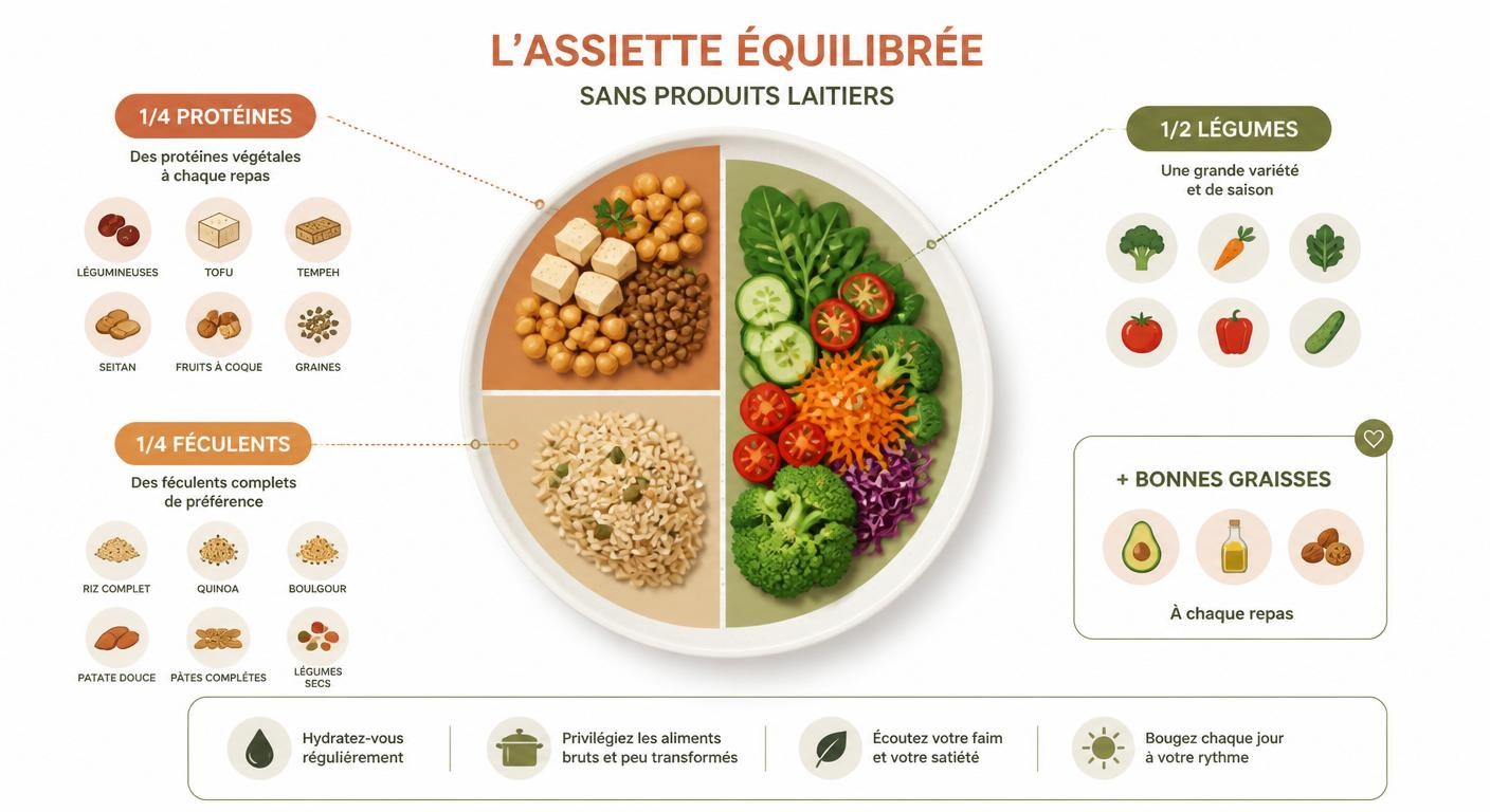 Infographie de l'assiette équilibrée sans produits laitiers