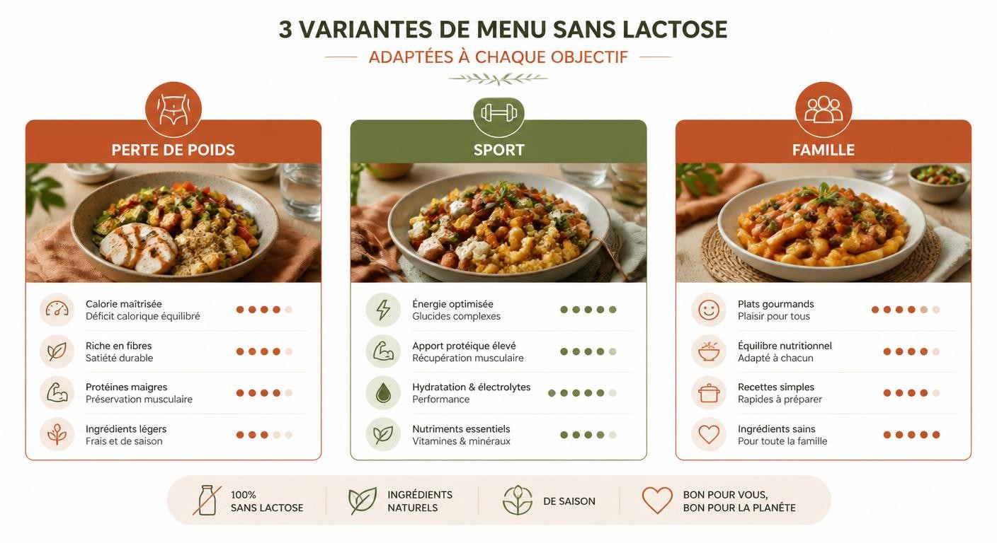 Infographie des variantes du menu sans lactose selon l'objectif