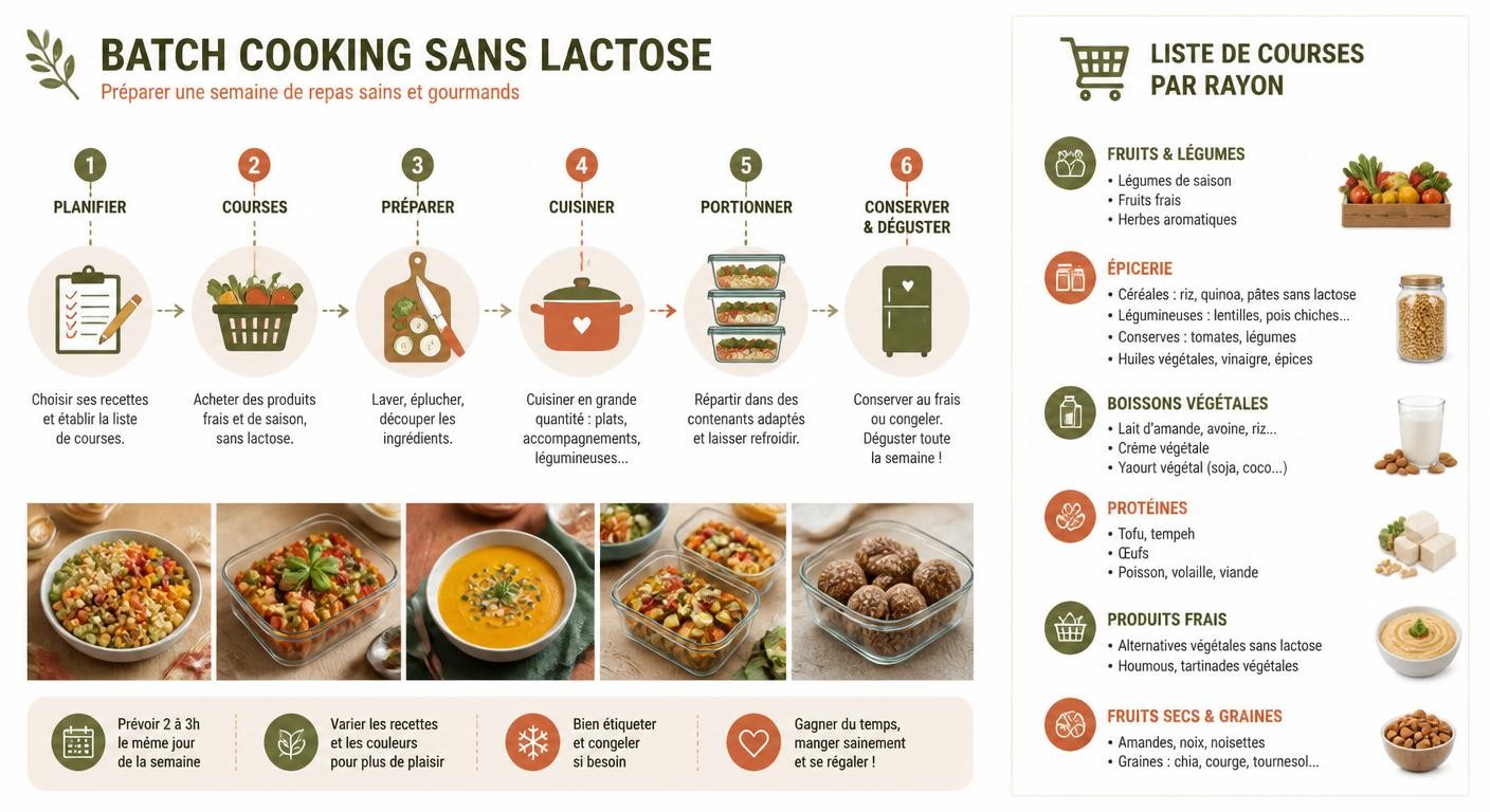 Infographie du batch cooking et de la liste de courses sans lactose
