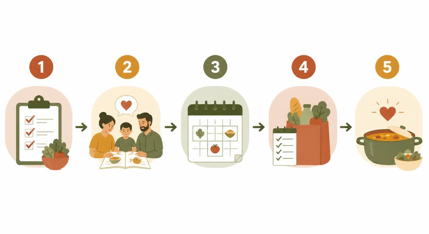 Infographie de la méthode en cinq étapes pour planifier le menu de la semaine en famille