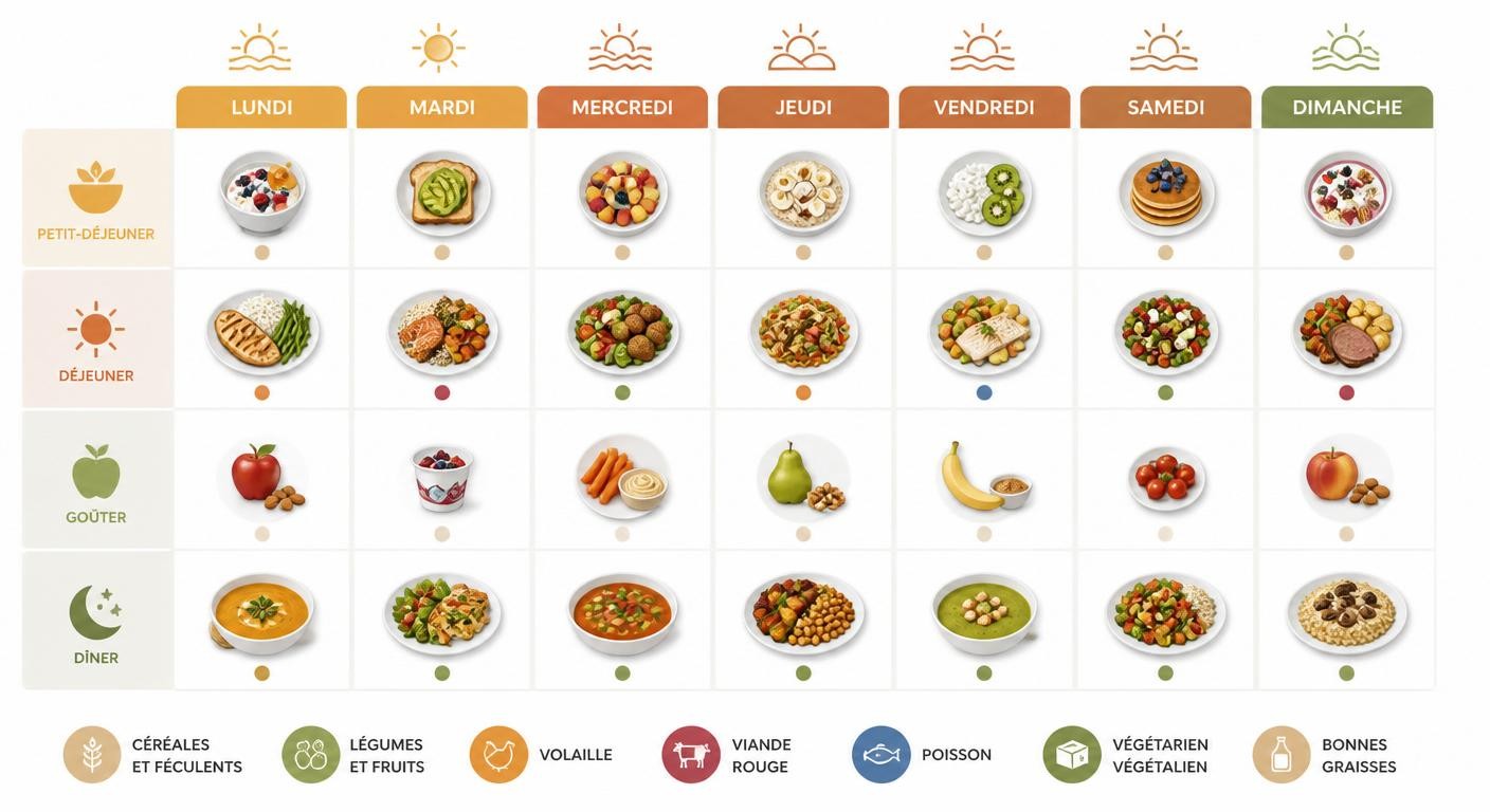Infographie du menu équilibré sur sept jours pour une famille