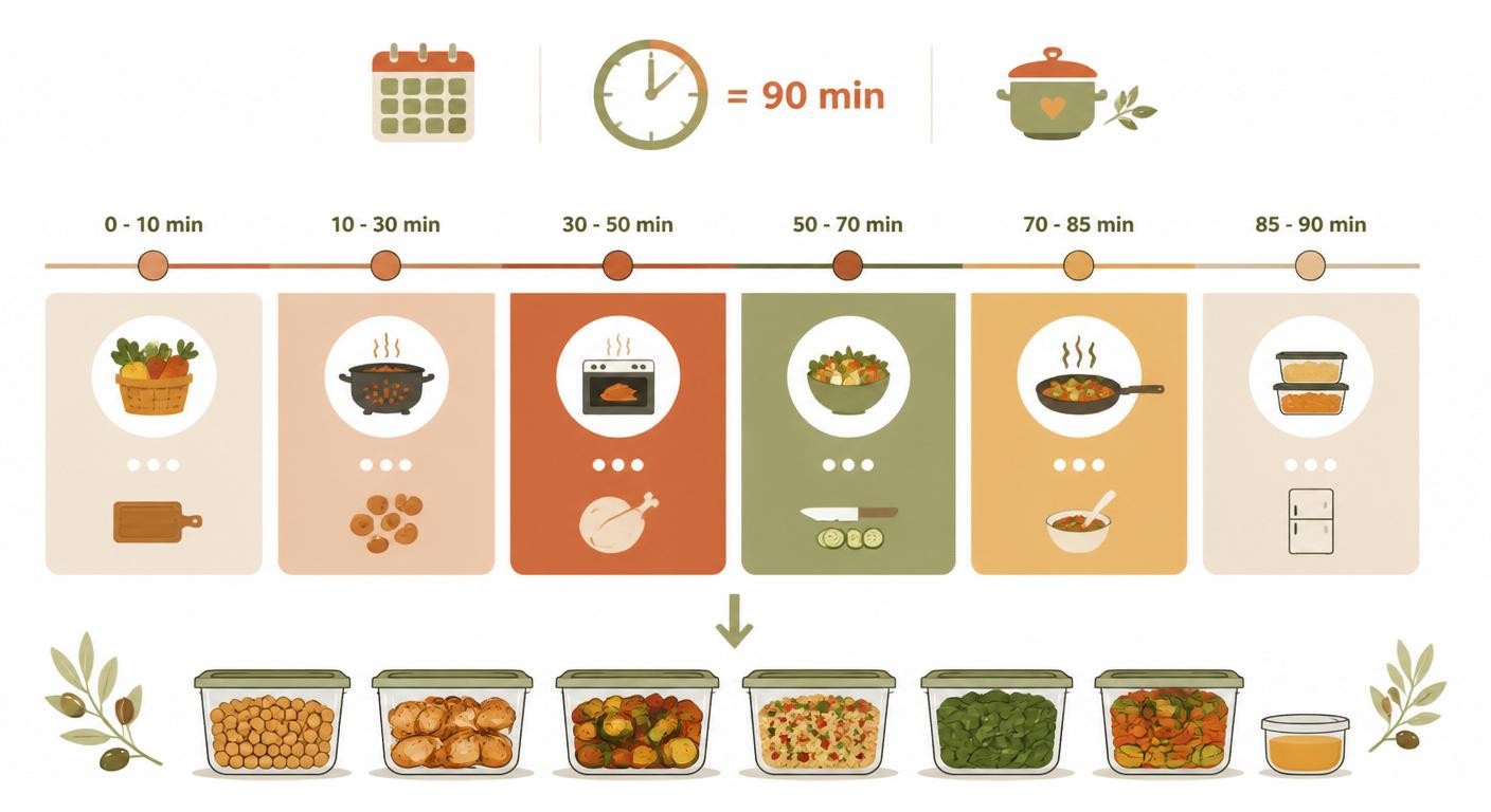 Infographie de la session de batch cooking de quatre-vingt-dix minutes pour la semaine