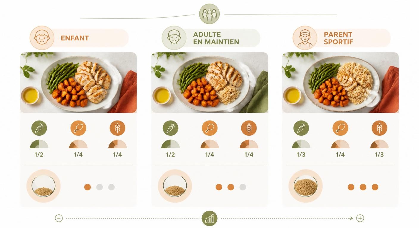 Infographie de l'adaptation d'un menu familial à trois profils différents