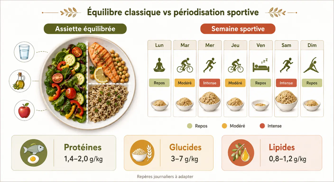 Infographie comparant alimentation équilibrée et menu sportif hebdomadaire périodisé