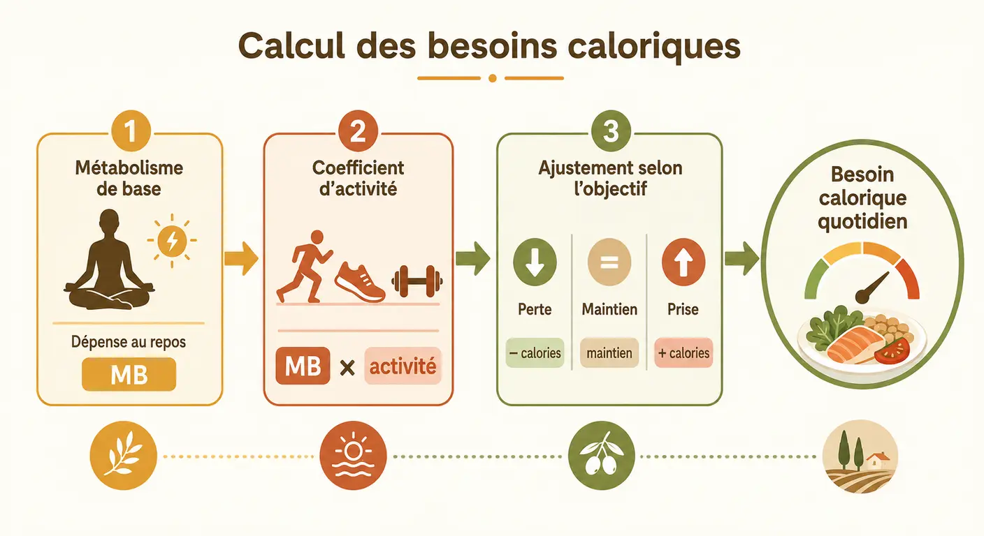 Infographie des trois étapes du calcul des besoins caloriques du sportif