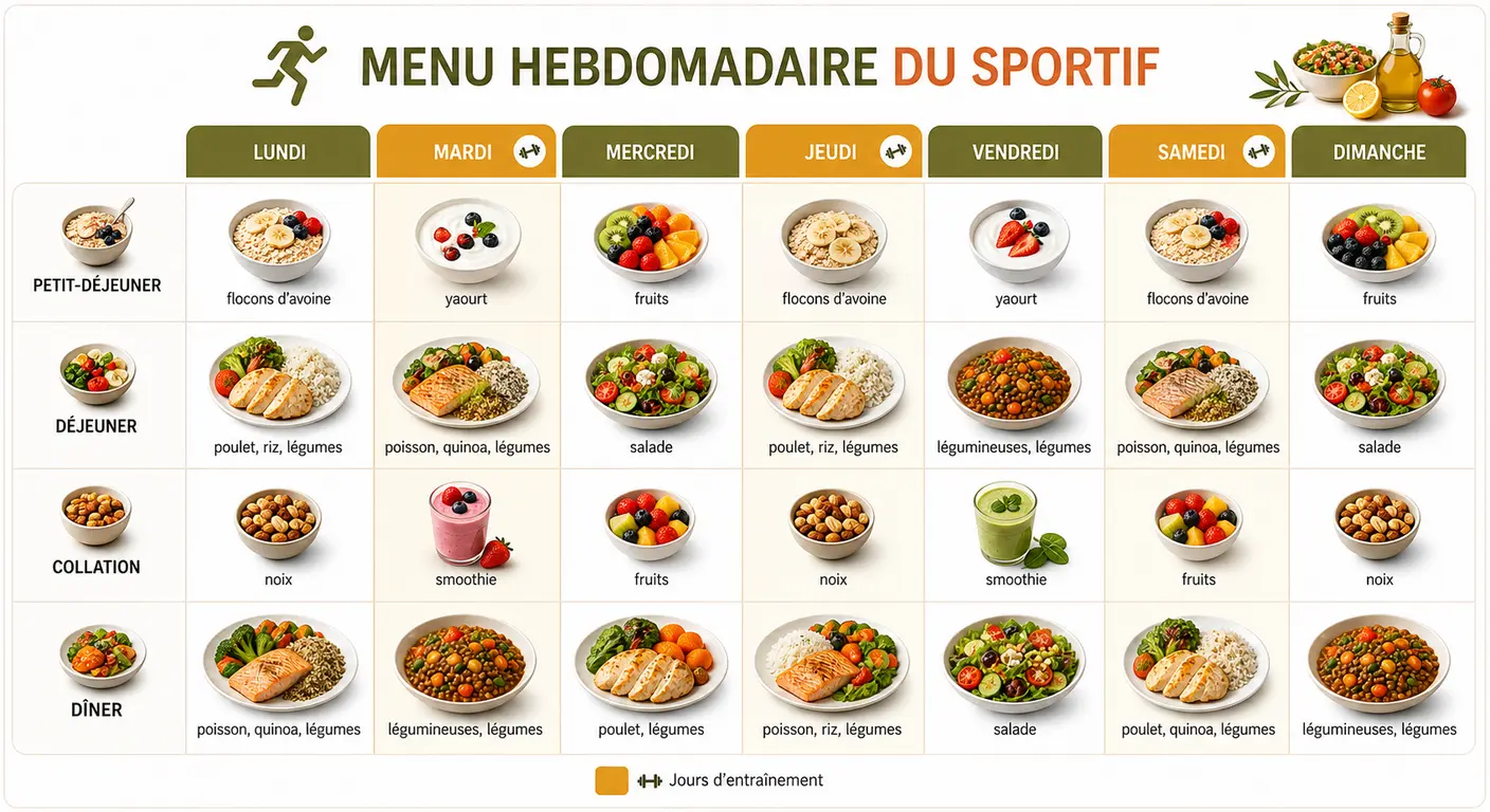 Infographie du menu sportif sur 7 jours avec jours d'entraînement mis en avant