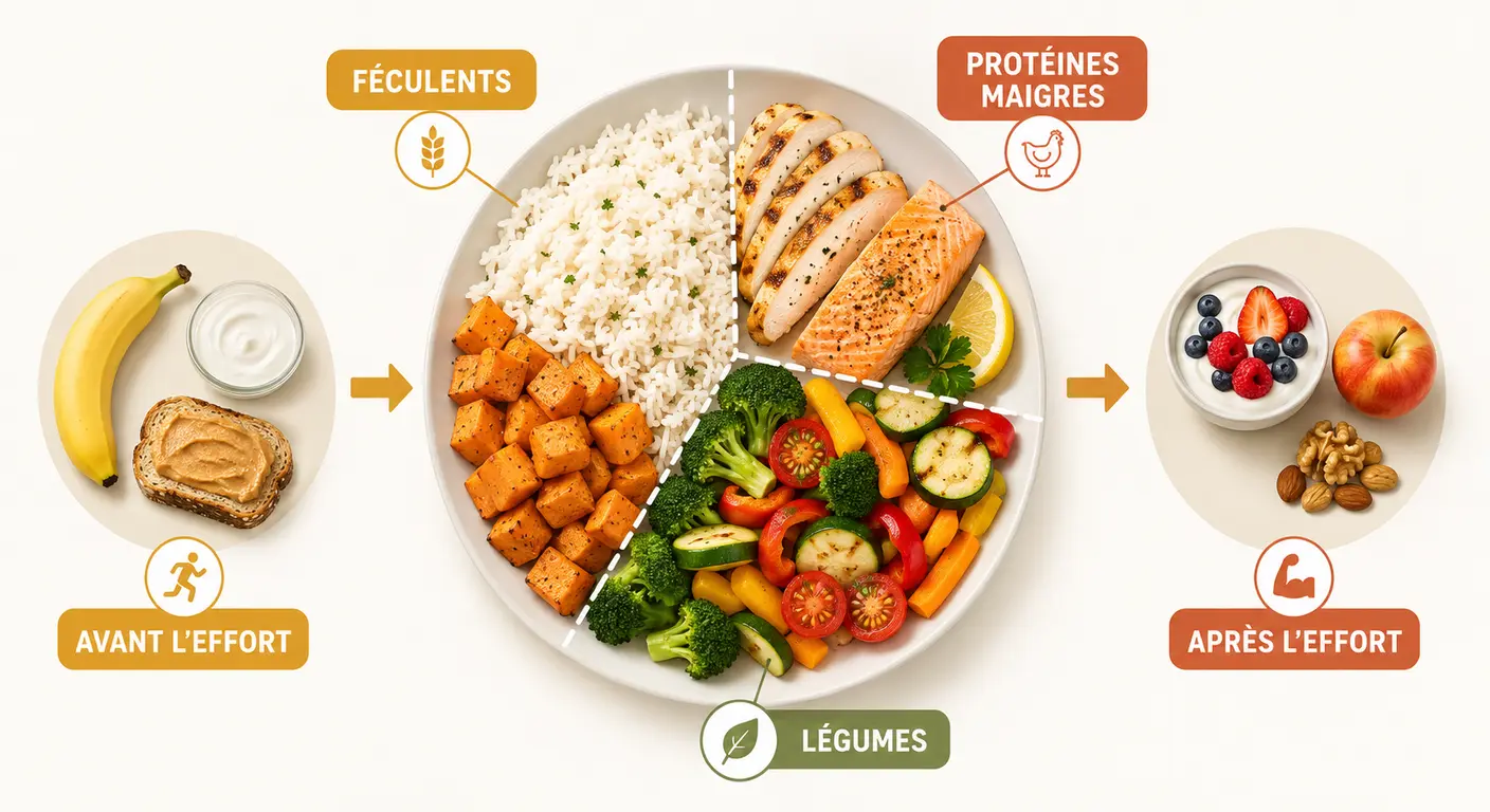 Infographie de l'assiette type d'un jour de séance sportive avec répartition des macronutriments