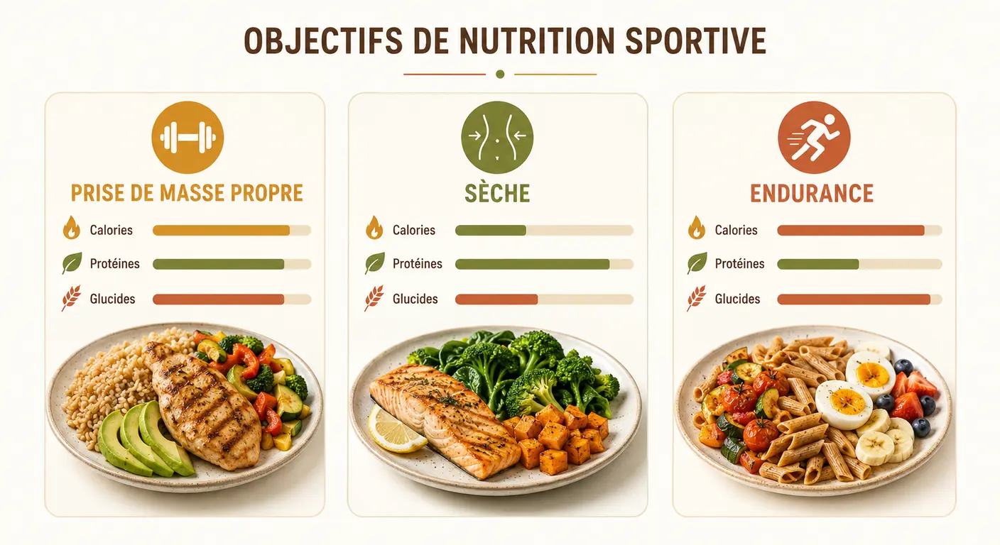 Infographie comparant menu prise de masse, sèche et endurance