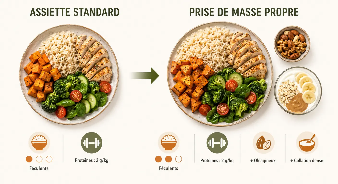 Infographie de l'assiette type en prise de masse propre pour sportif avec répartition des portions