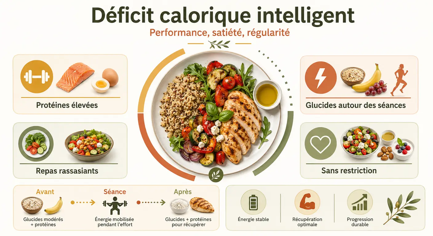 Infographie du déficit calorique intelligent pour sportif sans privation