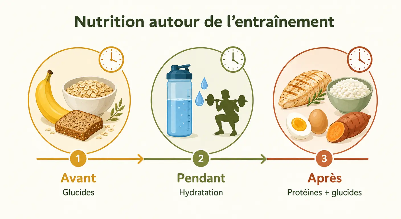 Infographie du timing des repas autour d'une séance de musculation