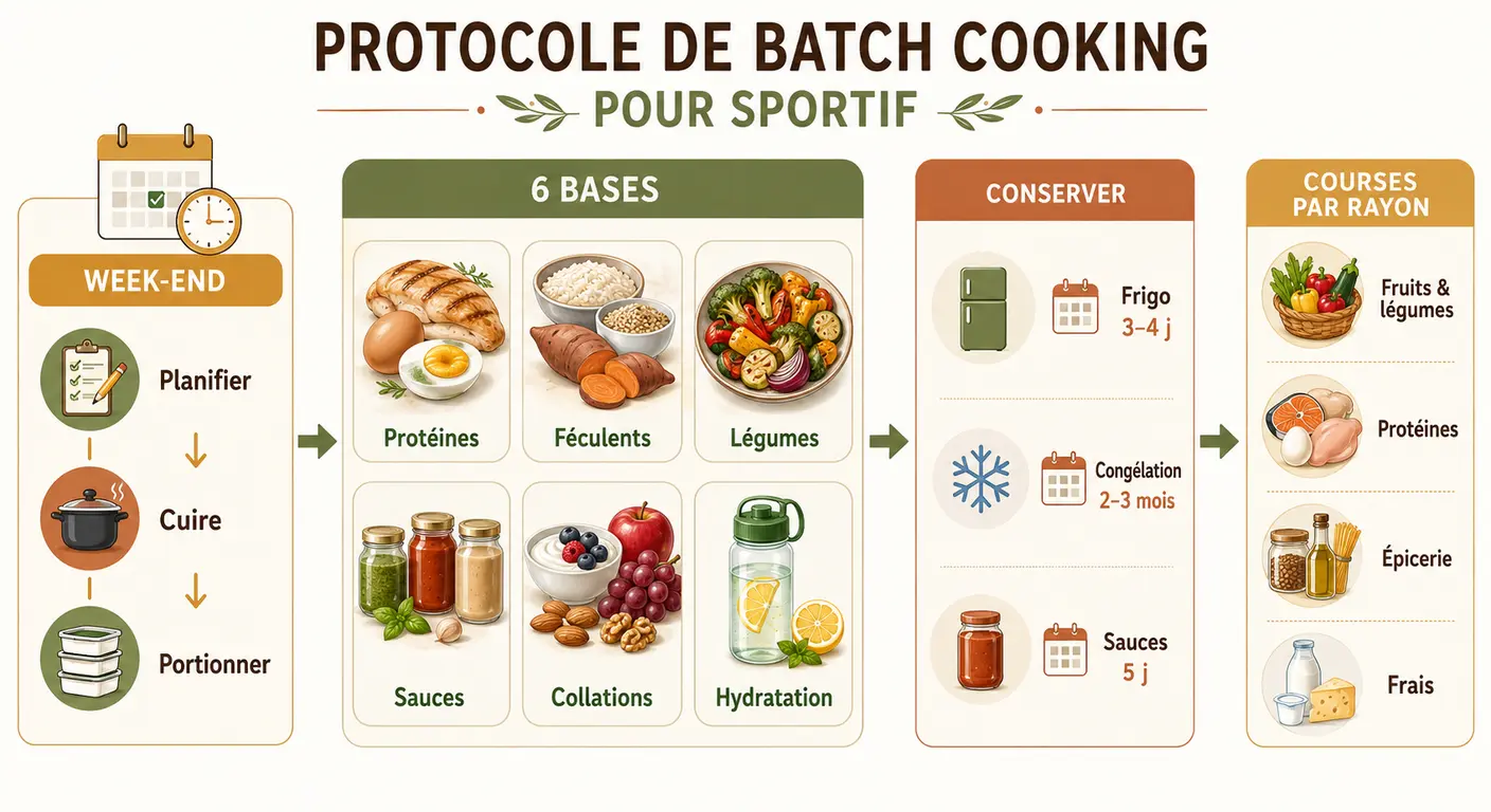 Infographie du protocole de batch cooking pour tenir son menu sportif