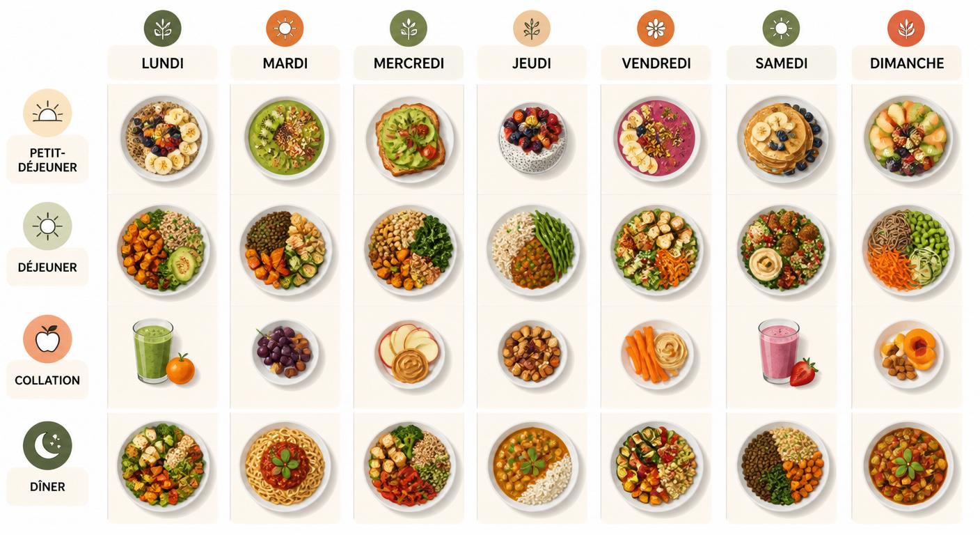 Menu vegan complet sur sept jours présenté en calendrier visuel