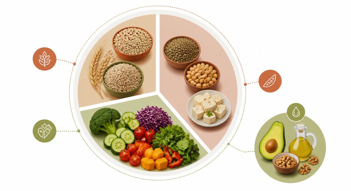 Schéma de l'assiette végane équilibrée en trois tiers