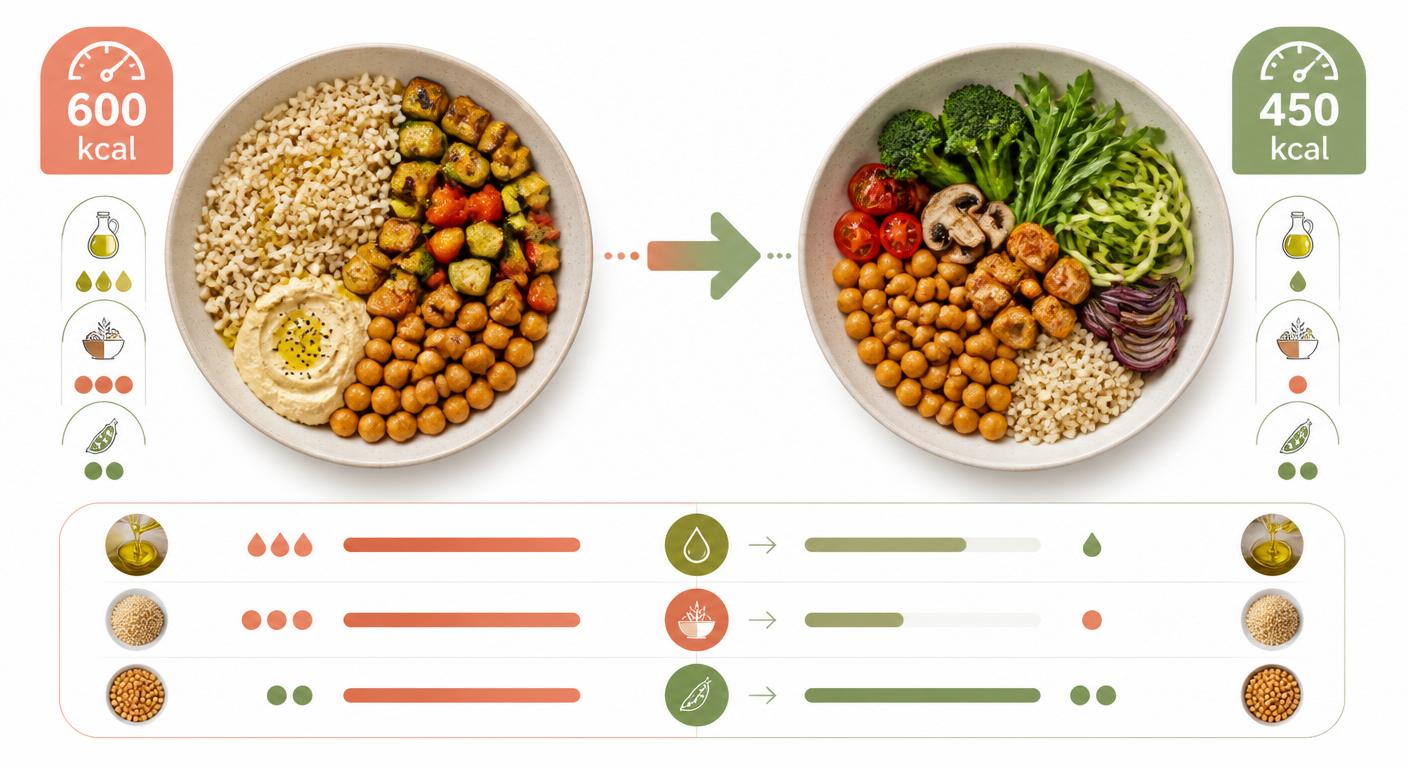 Comparaison d'une assiette végane équilibre et minceur à valeur de satiété équivalente