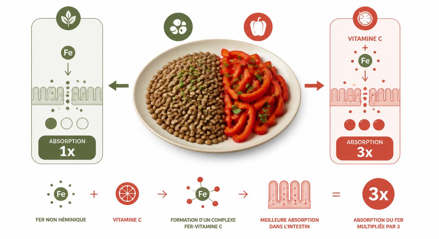Schéma de l'effet de la vitamine C sur l'absorption du fer végétal