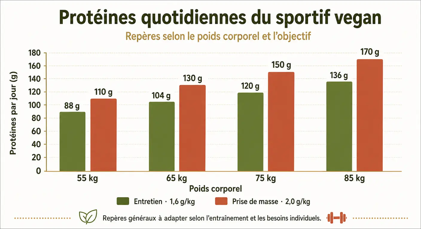 Infographie des besoins en protéines du sportif vegan par poids et objectif