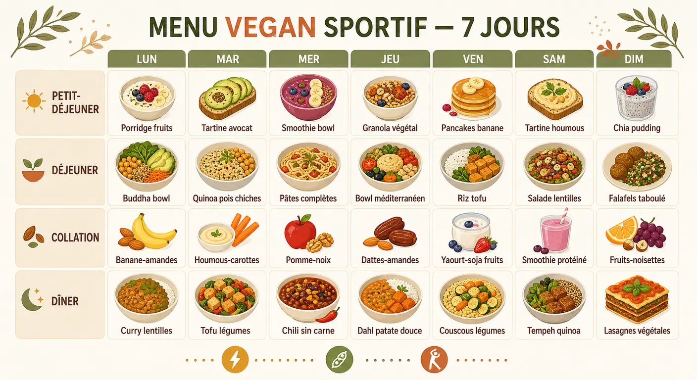 Infographie du menu vegan sportif sur 7 jours