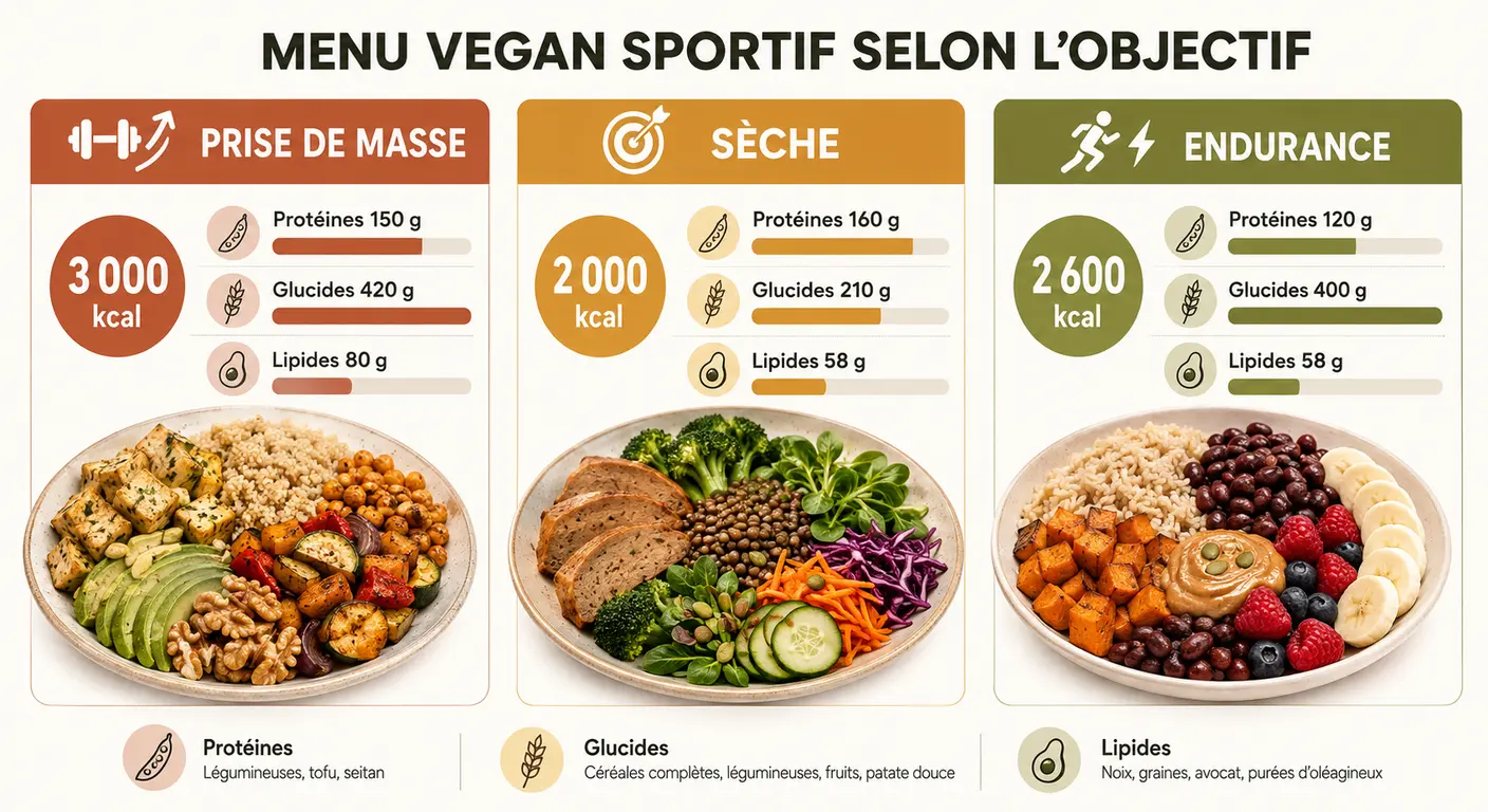 Infographie comparant le menu vegan sportif selon l'objectif : prise de masse, sèche, endurance