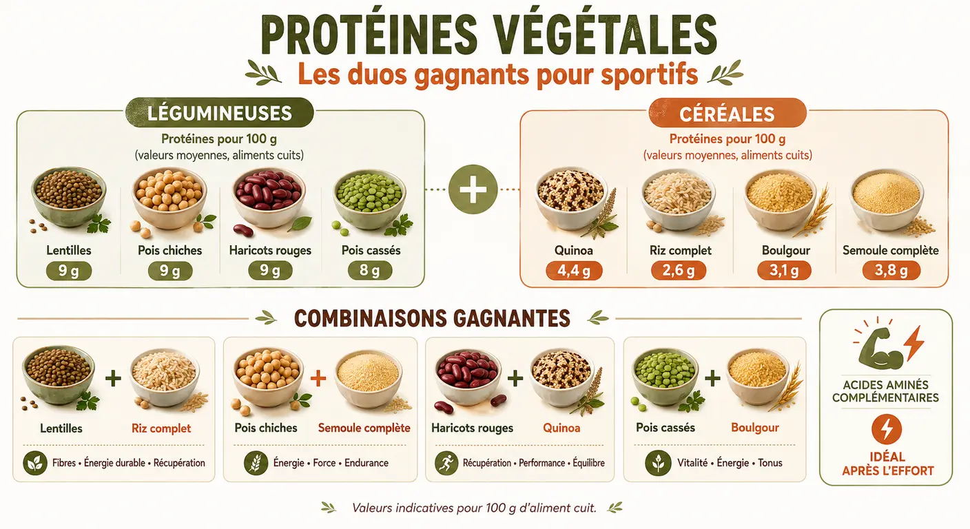 Infographie des sources de protéines végétales et combinaisons gagnantes