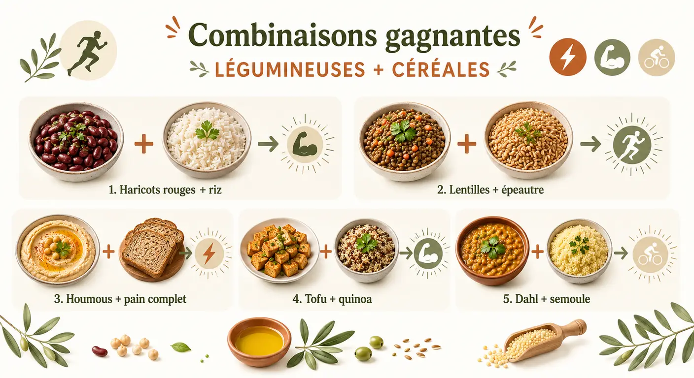 Infographie des combinaisons légumineuses et céréales pour sportifs vegans