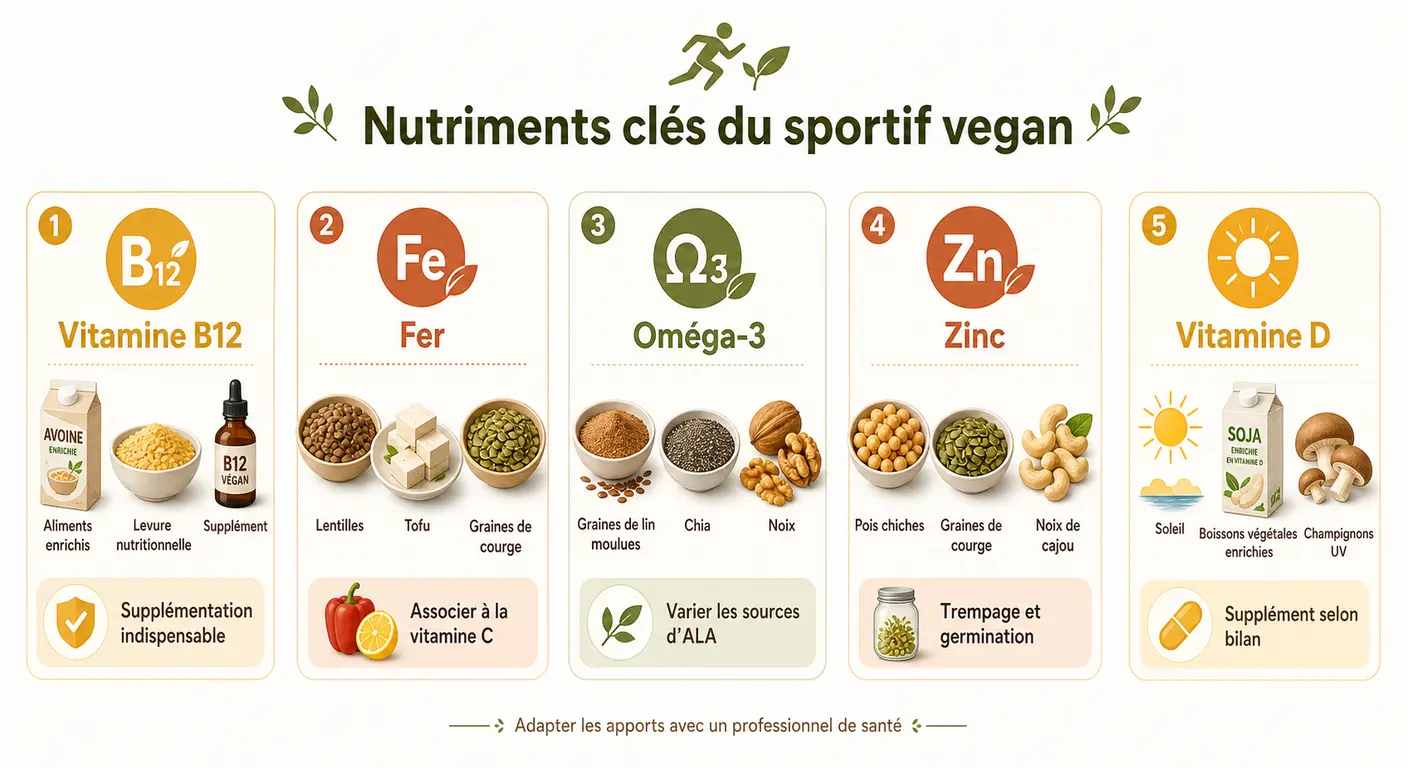 Infographie des nutriments à surveiller chez le sportif vegan