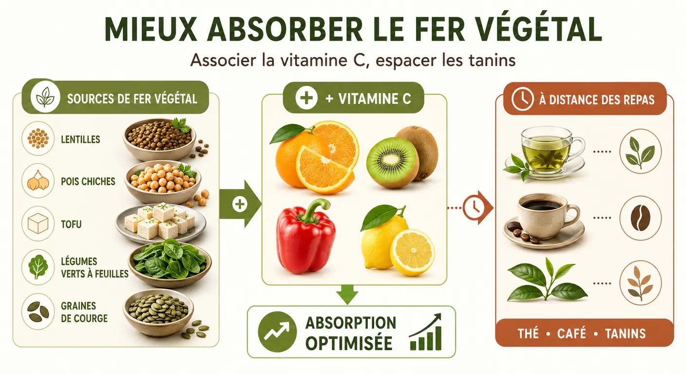 Infographie sur l'absorption du fer végétal et le rôle de la vitamine C pour sportifs vegans