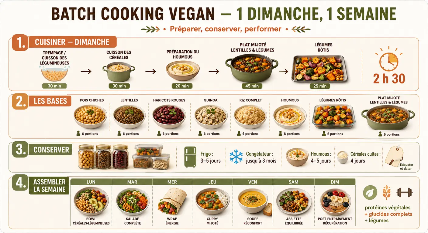 Infographie du batch cooking pour une semaine vegan sportive