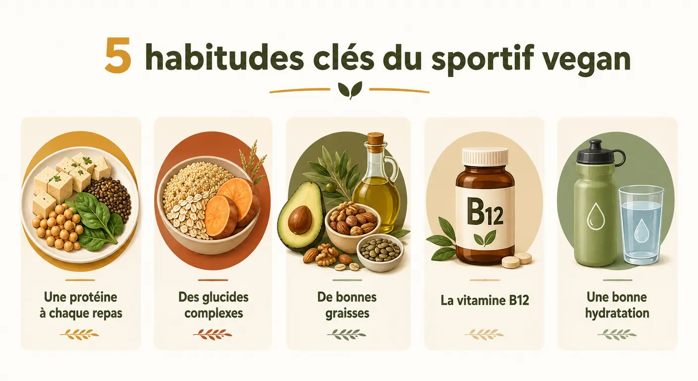 Infographie des 5 réflexes clés du sportif vegan