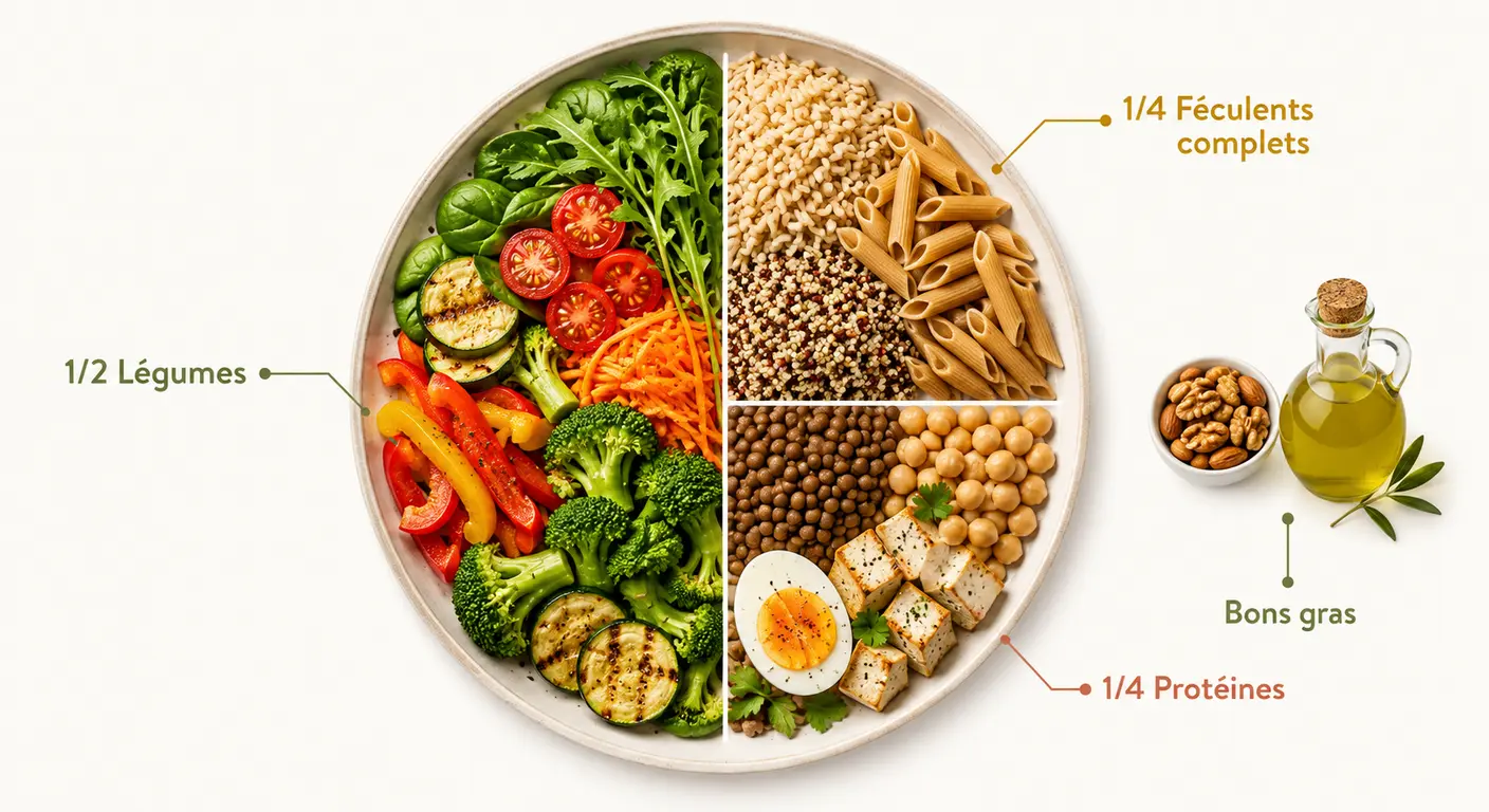 Infographie montrant la répartition d'une assiette type pour un menu végétarien sportif.