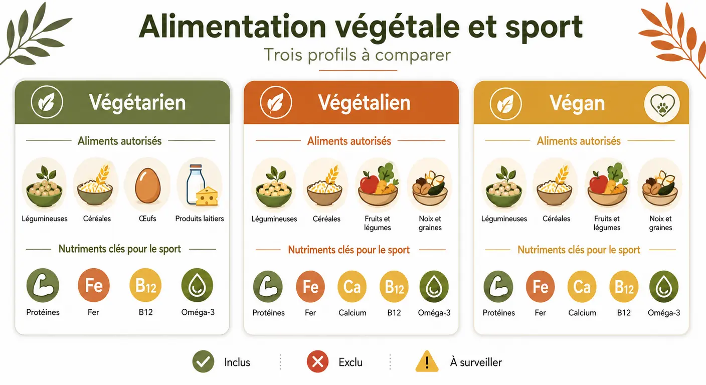 Infographie comparant les profils végétarien, végétalien et végan pour le sport.