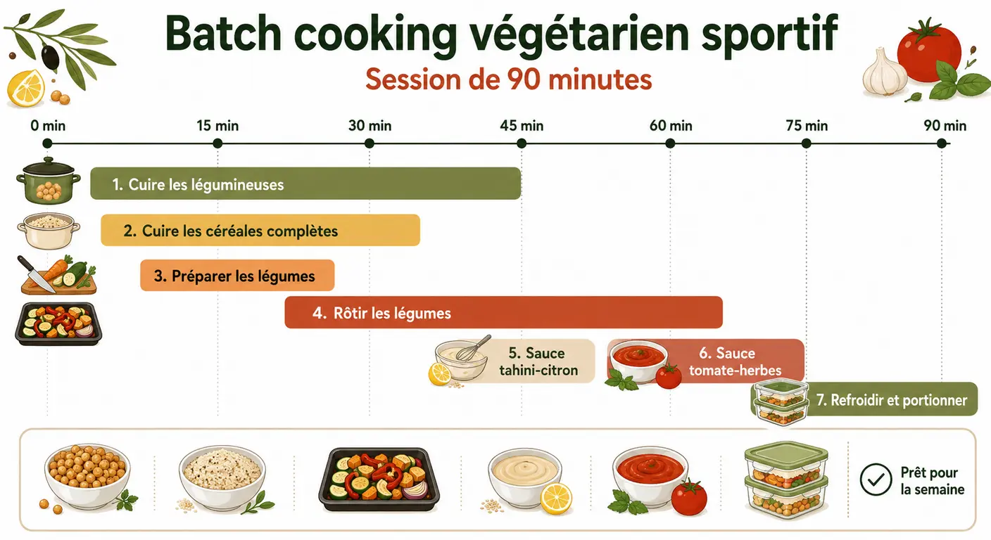 Infographie d'une session de batch cooking végétarien pour sportif en 90 minutes.
